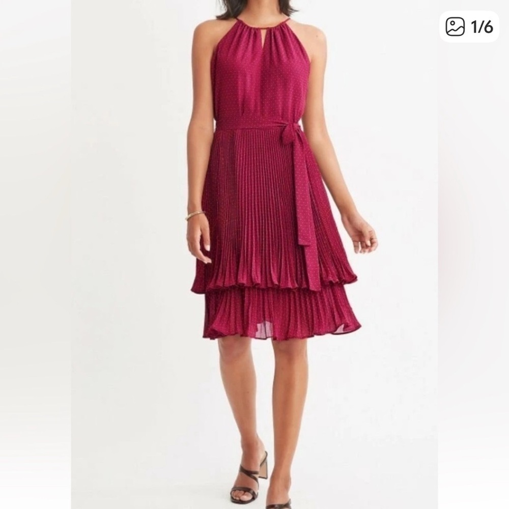 Ann Taylor Maroon Pleated Tiered Midi Dress Halter Polka Dot Career Holiday 4 S - Picture 2 of 9